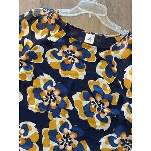 Cabi Womens Top Blue Yellow Floral 3/4 Sleeve Semi Sheer Boat Neck Size Medium